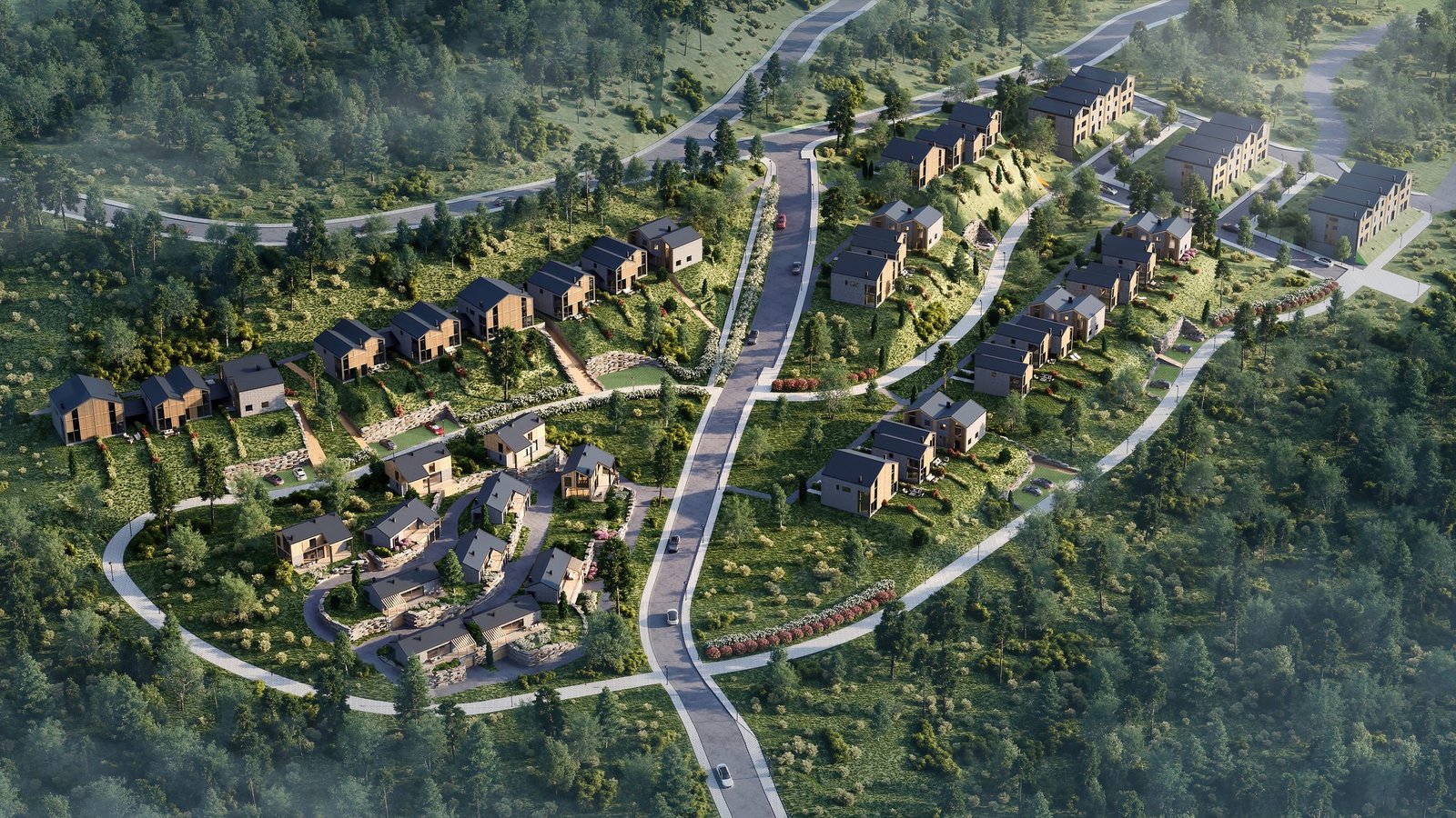 Conjunto de viviendas unifamiliares en ladera representado en 3D (4)