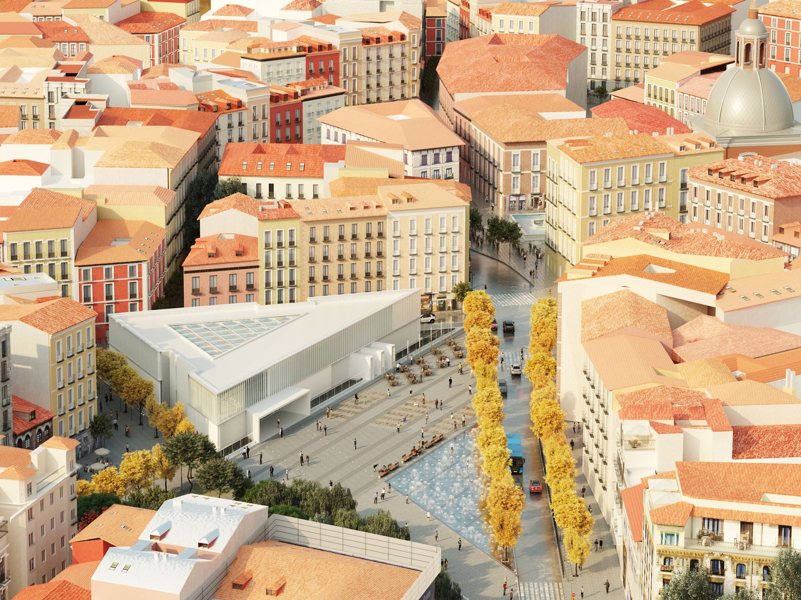 Vista aérea 3D de una plaza urbana en Madrid (1)