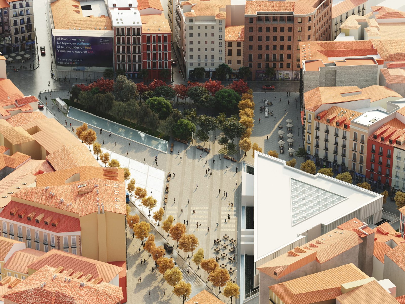 Vista aérea 3D de una plaza urbana en Madrid (2)