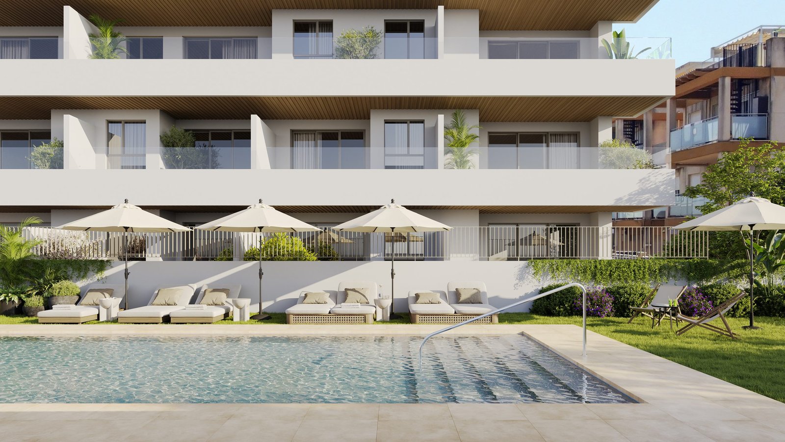 Vista aérea 3D de una promoción residencial con piscina en Valencia (2)