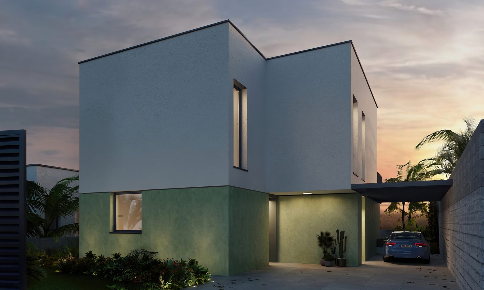 Chalet minimalista representado en 3D, interior y exterior (1)
