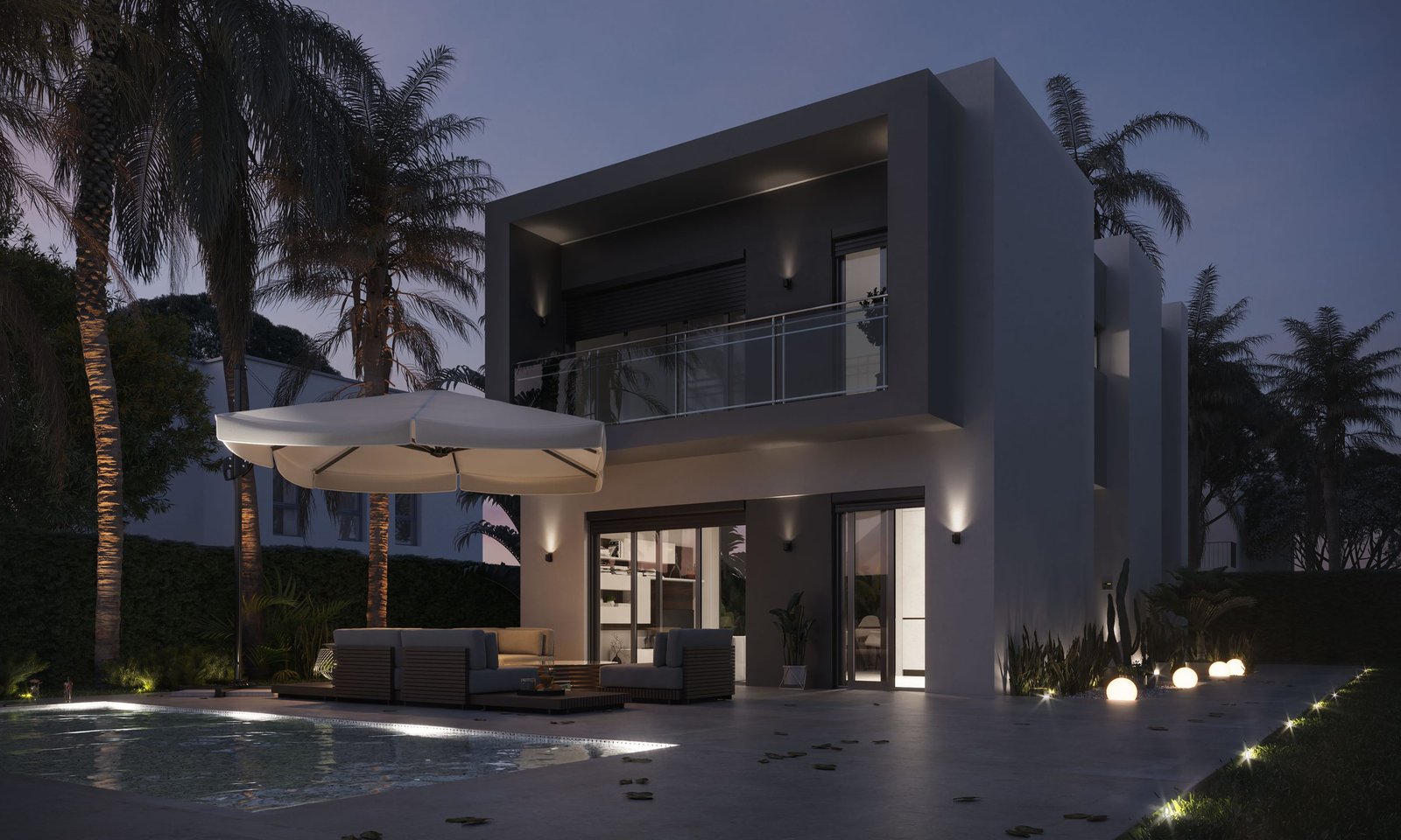 Vivienda unifamiliar representada en 3D en versión diurna y nocturna (1)
