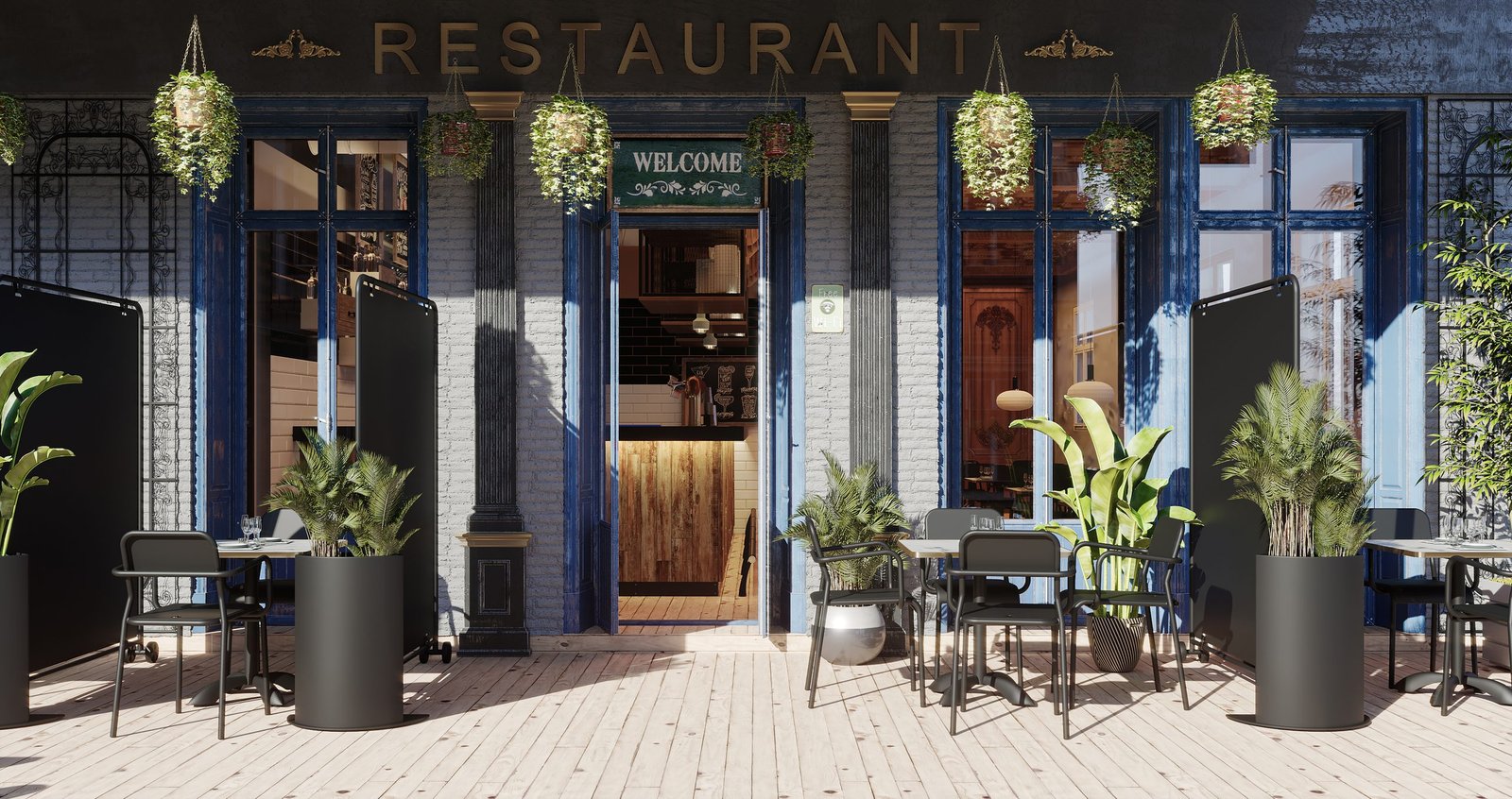 Ambiente de terraza de hostelería en 3D para catálogo de mobiliario (5)