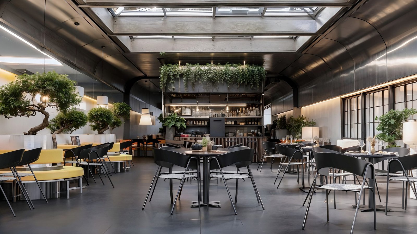 Sala de restaurante con su mobiliario representada en 3D (2)