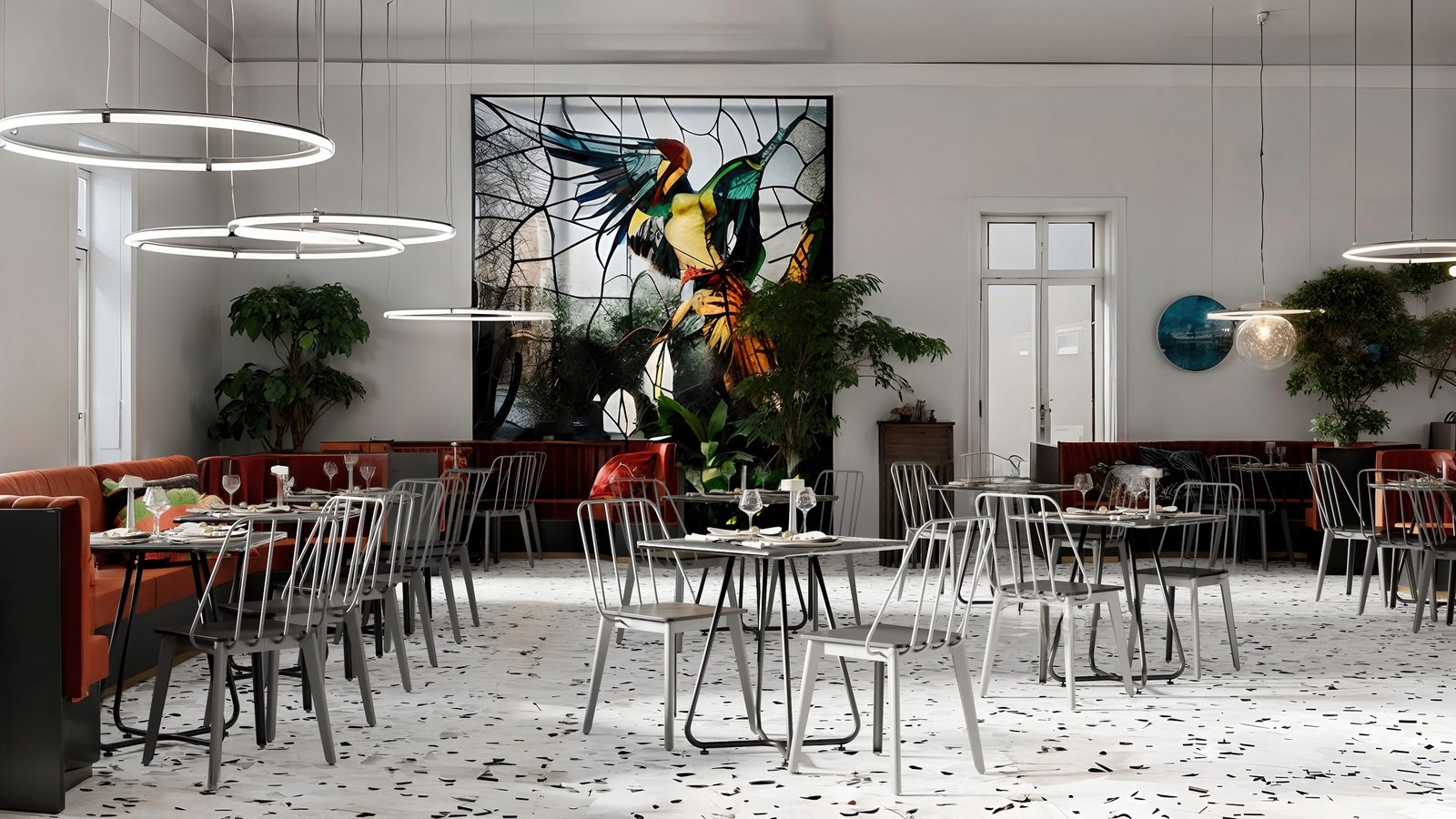 Sala de restaurante con su mobiliario representada en 3D (4)