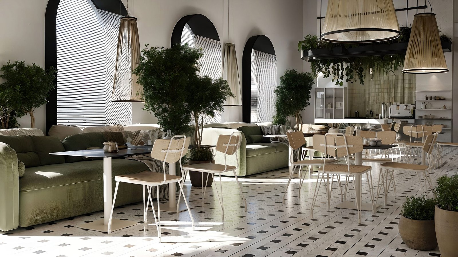 Sala de restaurante con su mobiliario representada en 3D (5)