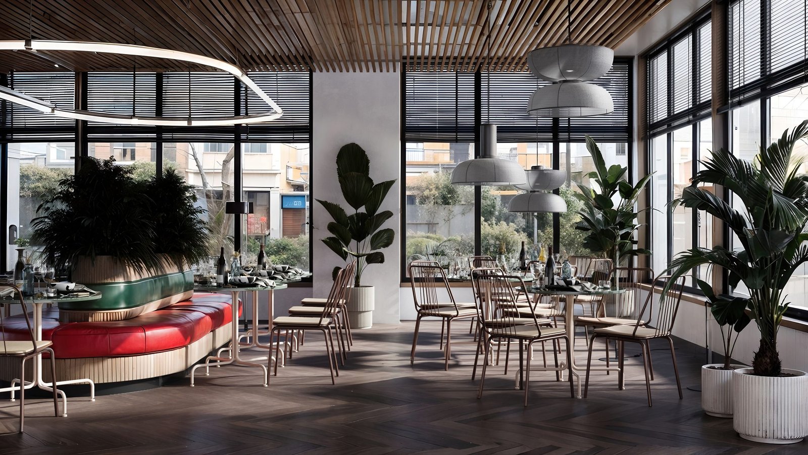 Sala de restaurante con su mobiliario representada en 3D (6)