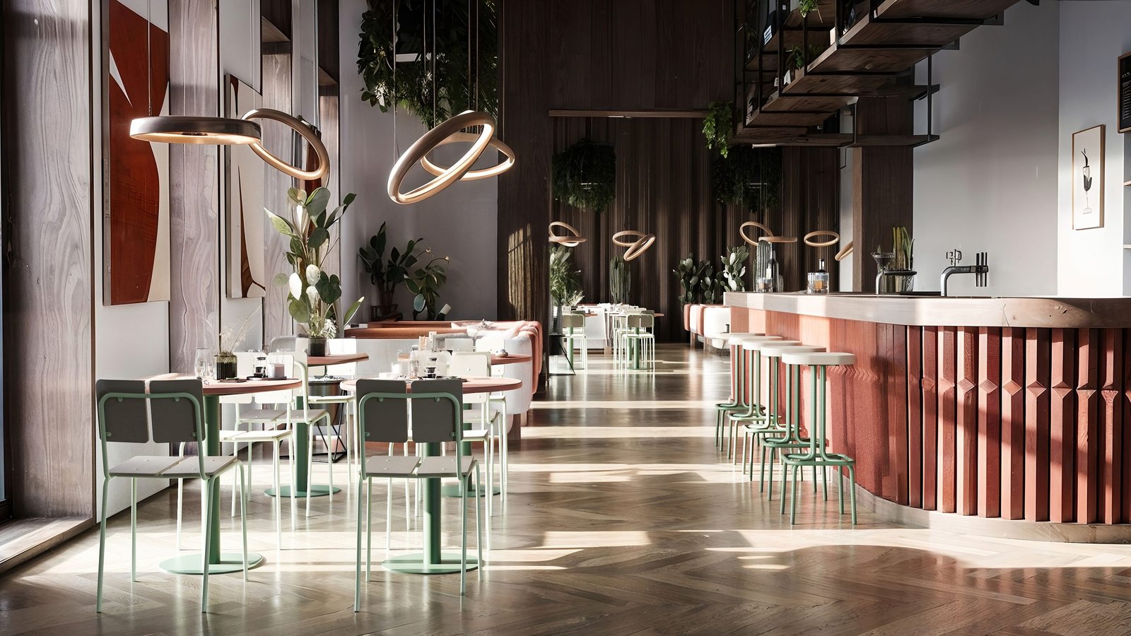 Sala de restaurante con su mobiliario representada en 3D (9)