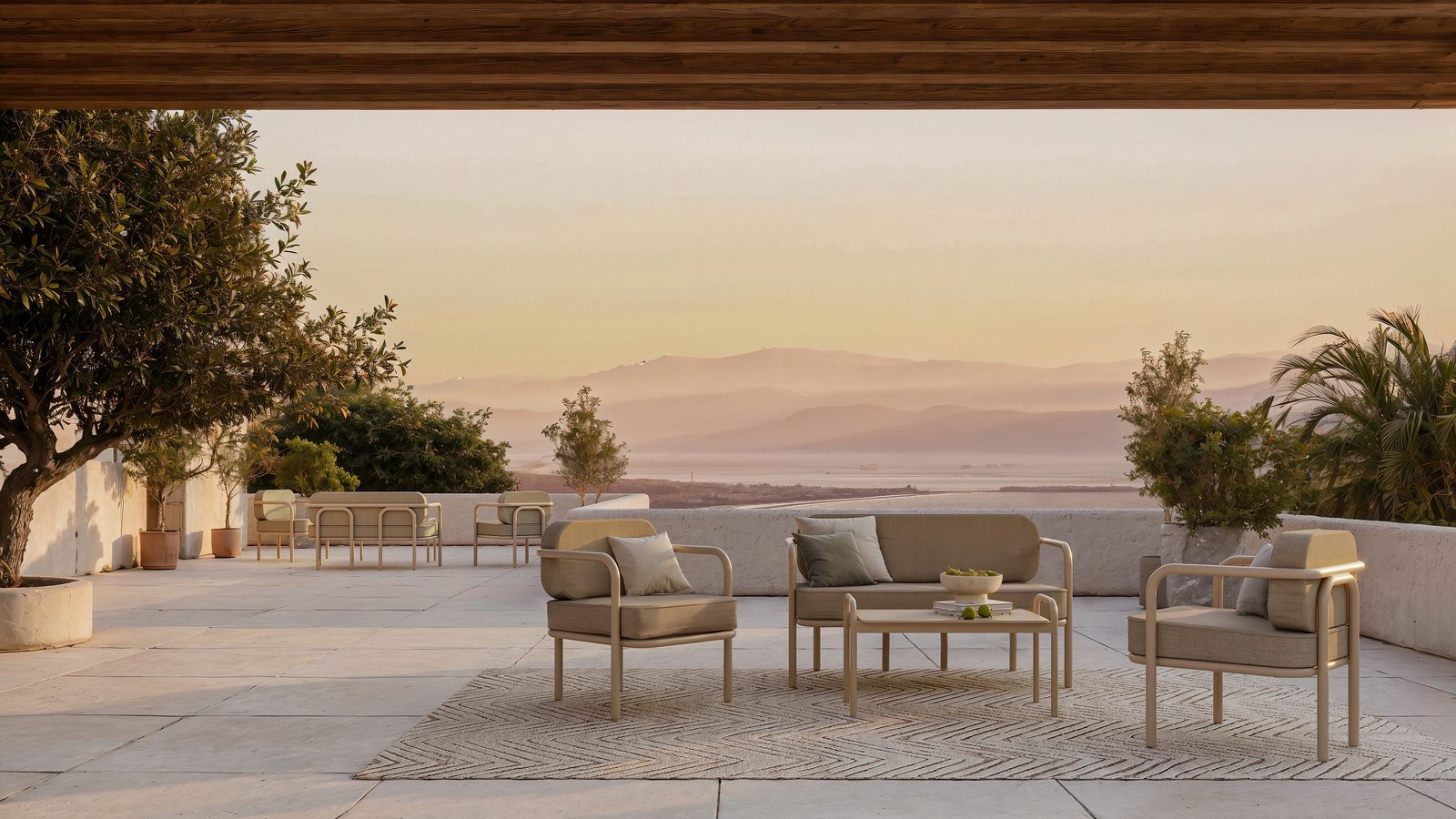 Terraza exterior con mobiliario de jardín representada en 3D al atardecer